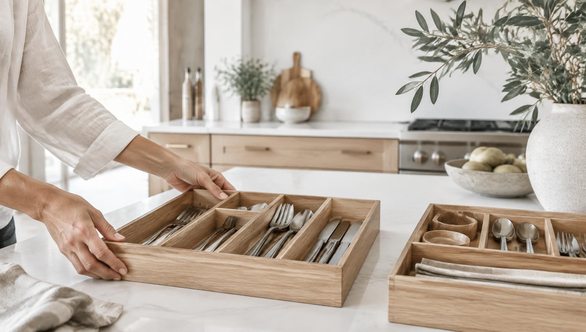 Thoughtfully arranged wooden drawer organizers in a bright kitchen